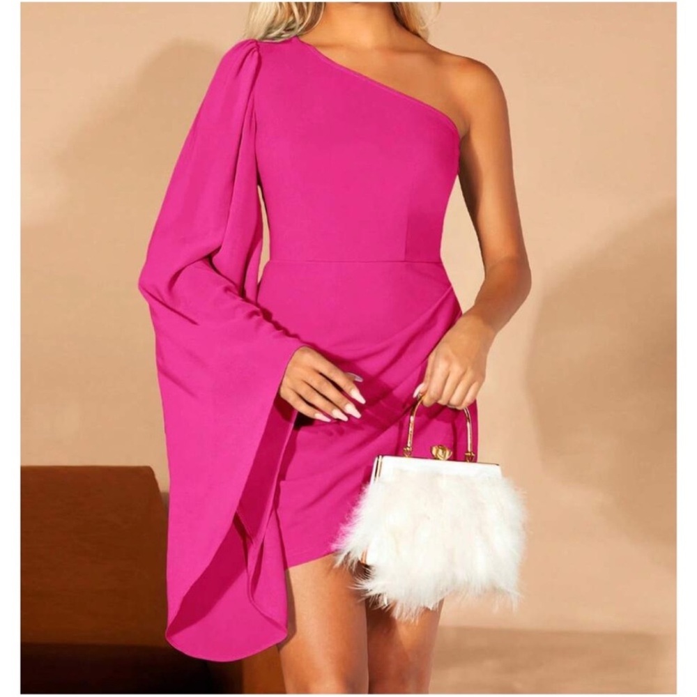 Luxe Hot Pink One Shoulder Flare Sleeve Mini Dress XS S M L